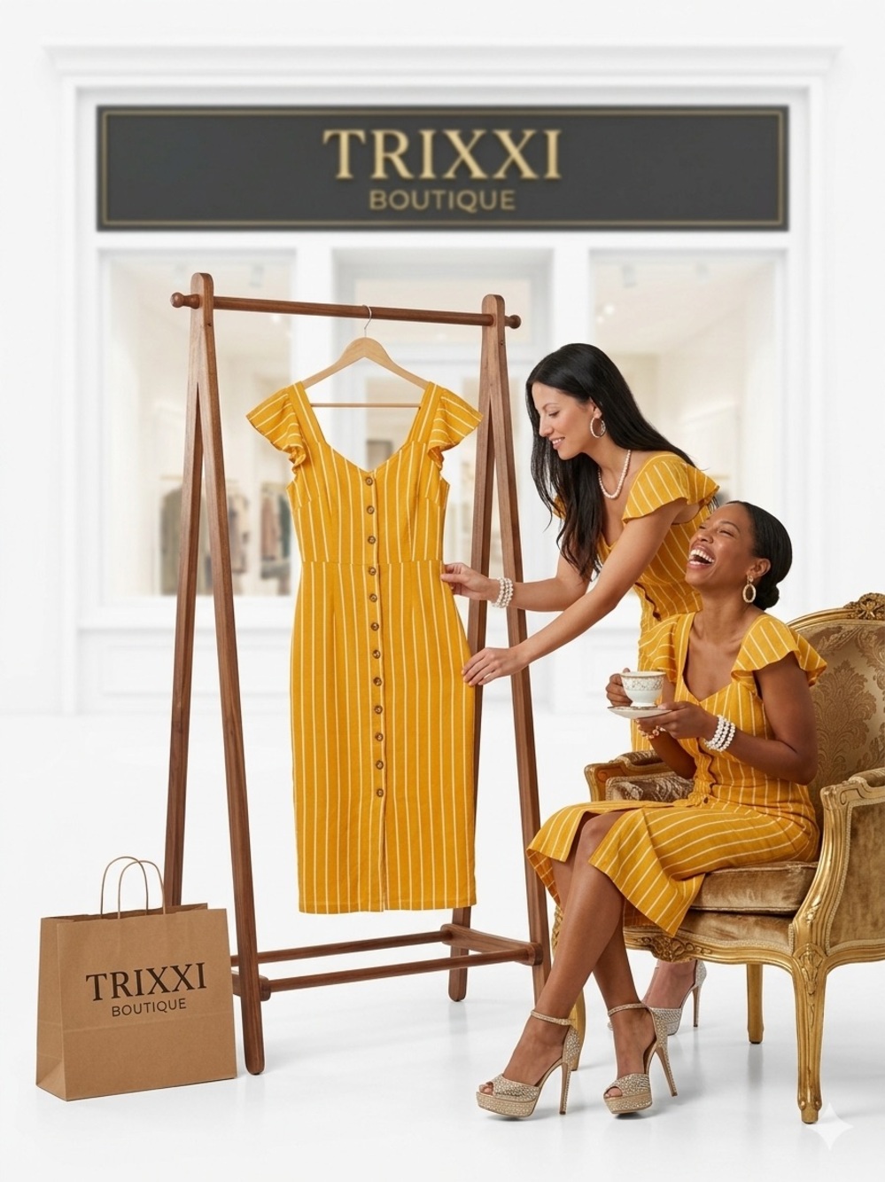 Trixxi Mustard Yellow Striped Button-Front Midi Dress with Flutter Sleeves